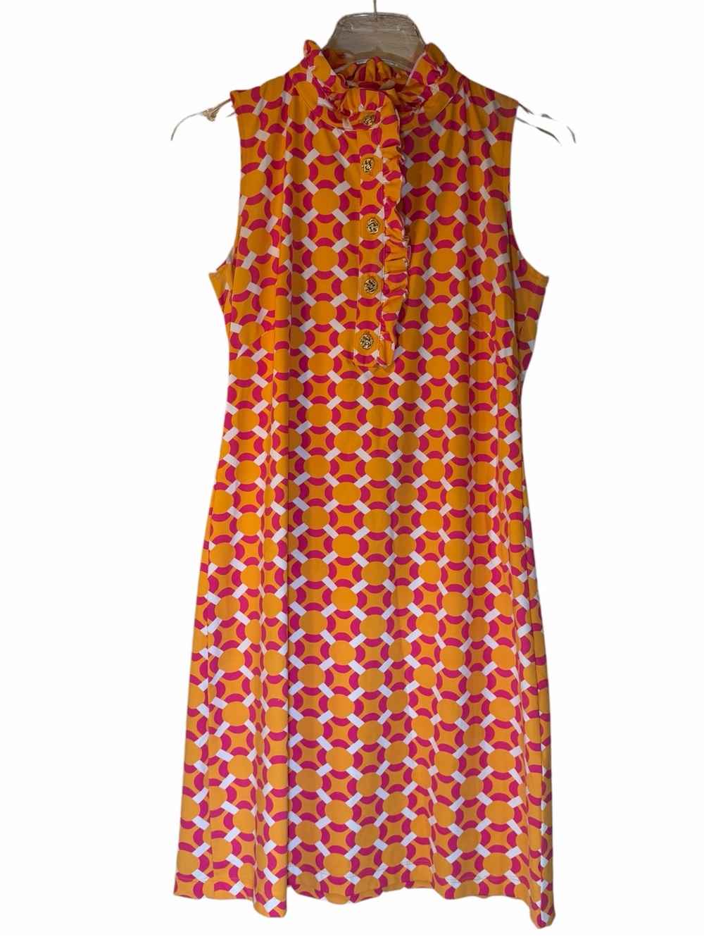Katherine Way Orange Pink Geometric Sleeveless Dress Knee Length Ruffle Collar S